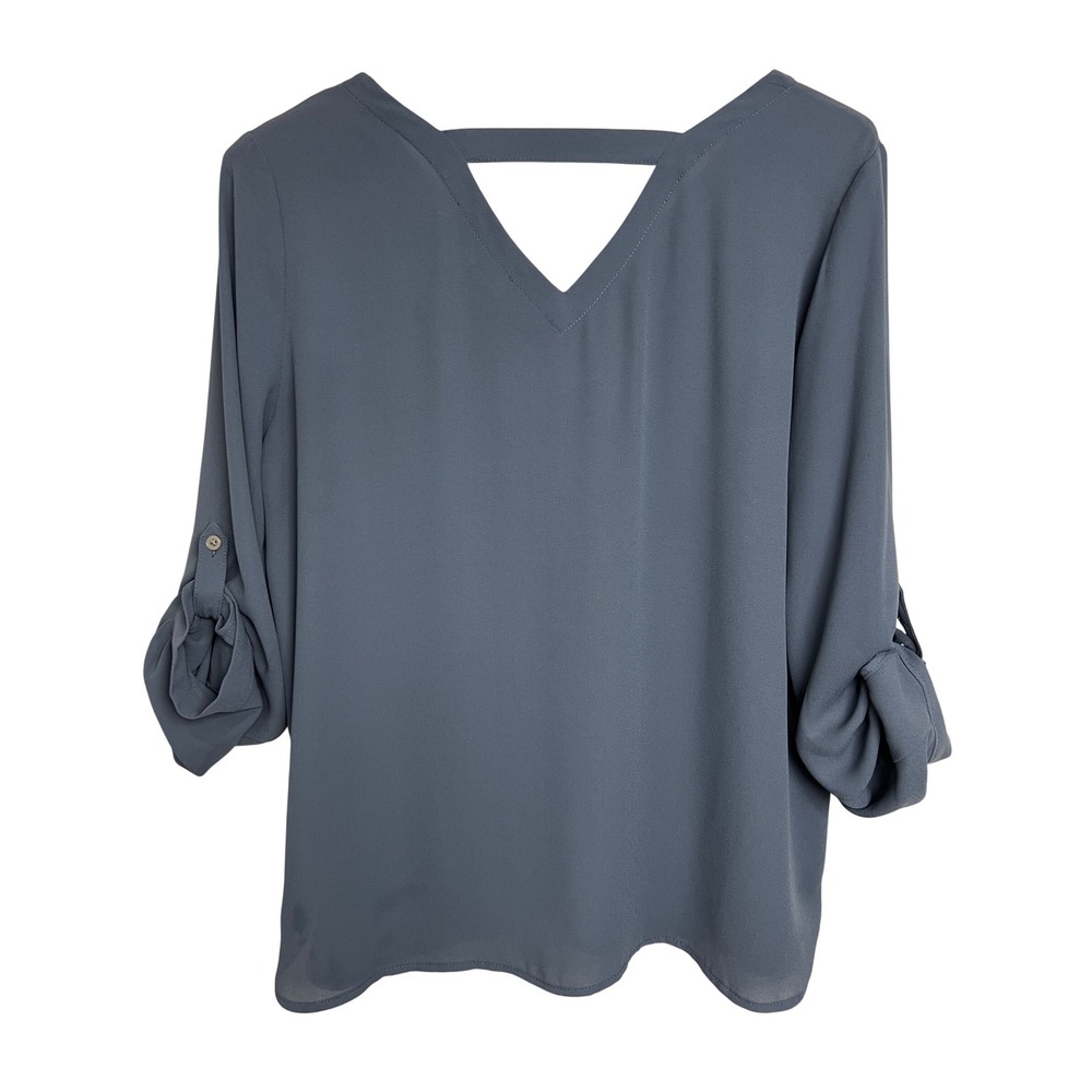 LOFT Blouse Women Medium Petite Blue Roll Tab V-Neck Strappy Back Solid Top A41